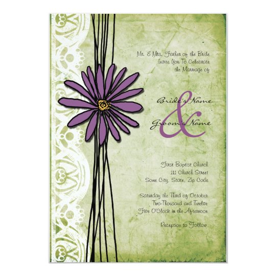 Vintage Purple and Green Daisy Wedding Invitations