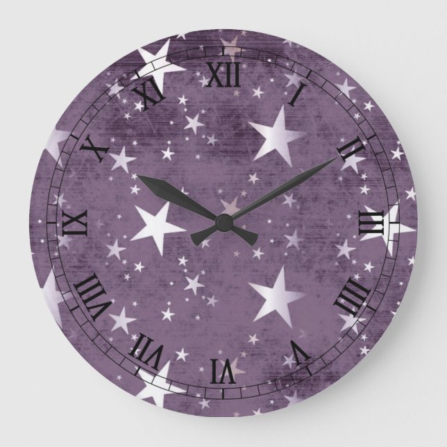 vintage purple background with silver stars large clock (Front)