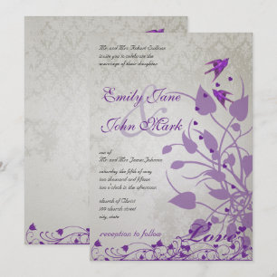 Vintage Purple Birds Hearts Wedding Invites