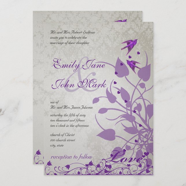 Vintage Purple Birds Hearts Wedding Invites (Front/Back)