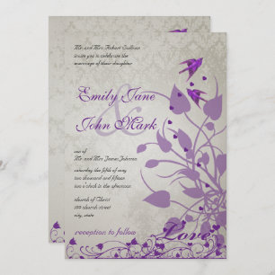 Vintage Purple Birds Hearts Wedding Invites