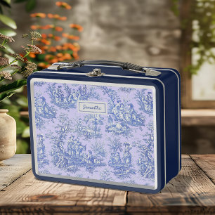 Vintage purple blue toile de jouy printed metal lunch box