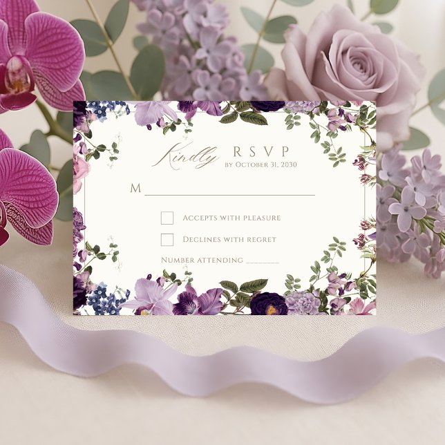Vintage Purple Botanical Wedding RSVP Card (Creator Uploaded)