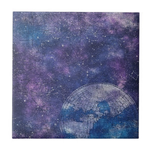 Vintage Purple Celestial World Map (12) Ceramic Tile