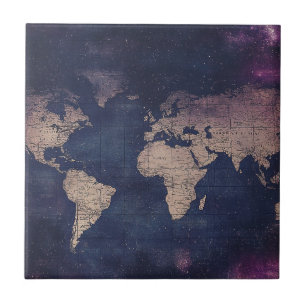 Vintage Purple Celestial World Map (5) Ceramic Tile