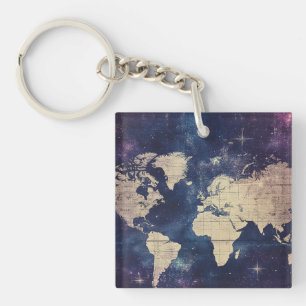Vintage Purple Celestial World Map (7) Key Ring