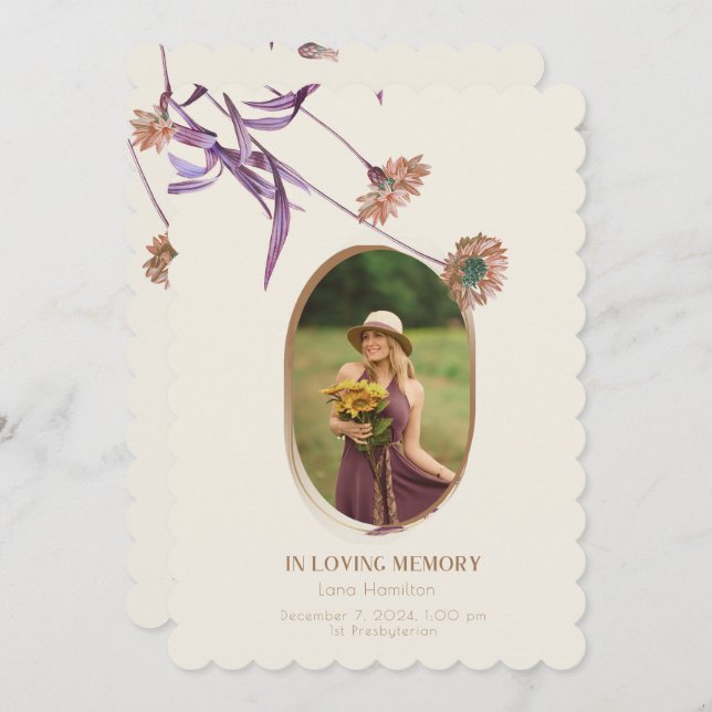 Vintage Purple Cream Floral Photo Funeral Program (Front/Back)