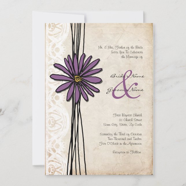Vintage Purple Daisy Wedding Invitations (Front)