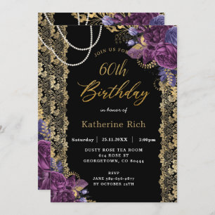 Vintage Purple Floral Antique Gold Lace Birthday I Invitation