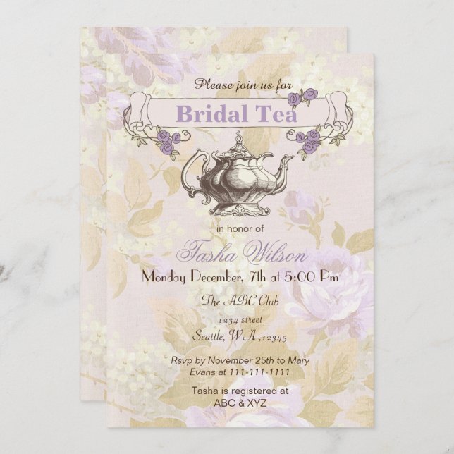 vintage purple floral Bridal Tea Party Invites (Front/Back)