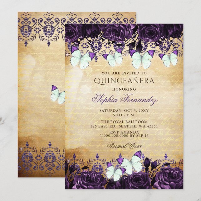 Vintage Purple Floral Butterfly Quinceañera  Invitation (Front/Back)