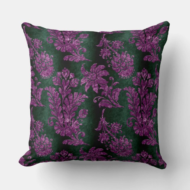 Vintage Purple Floral Damask Emerald Green Pattern Cushion (Front)