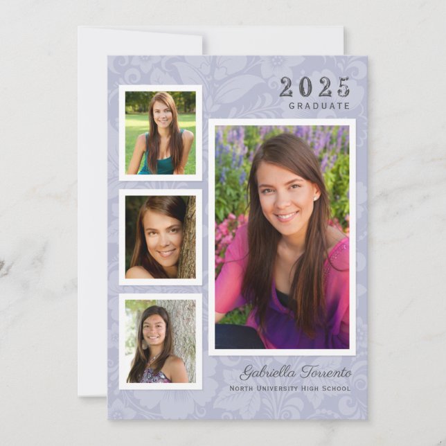 Vintage Purple Floral Graduation Photo Collage Invitation (Front)