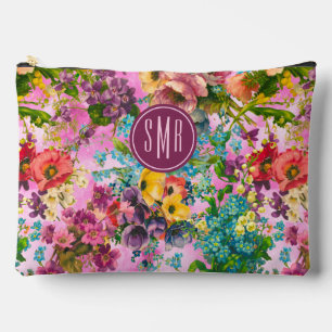 Vintage purple floral pink pattern monogram accessory pouch