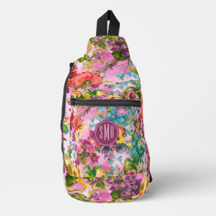Vintage purple floral pink pattern monogram printe sling bag