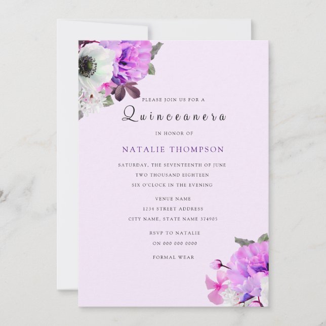 Vintage Purple Floral Quinceanera Invitation (Front)