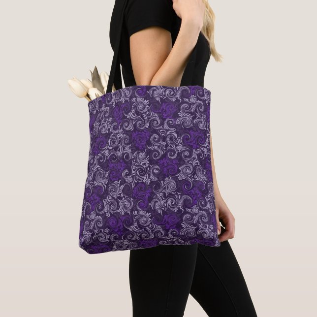 Vintage Purple Floral Swirls Tote Bag (Close Up)