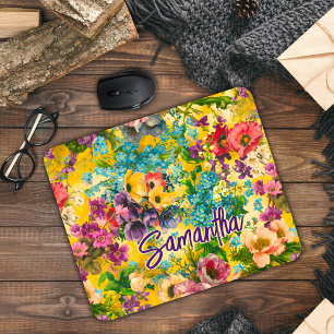 Vintage purple floral yellow pattern monogram mouse pad