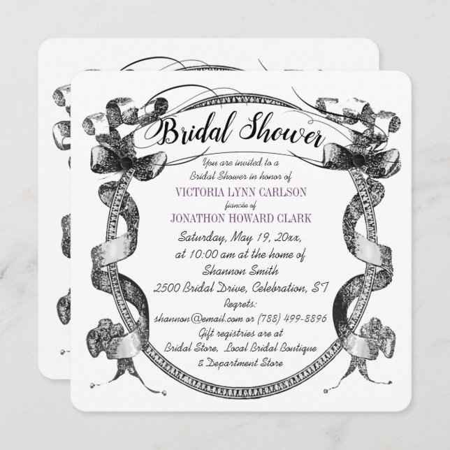 Vintage Purple Flourish Script Bridal Shower Invitation (Front/Back)