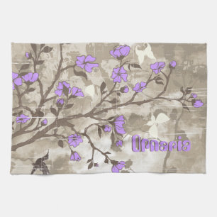 Vintage purple flowers taupe grunge custom tea towel