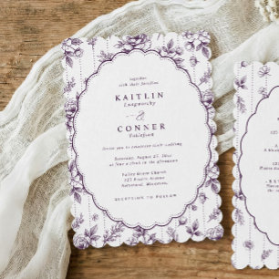 Vintage Purple French Floral Oval Wedding Invitation