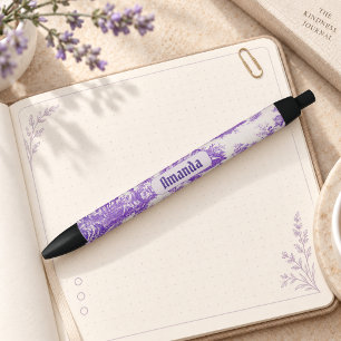 Vintage Purple French Toile Floral Monogram Black Ink Pen