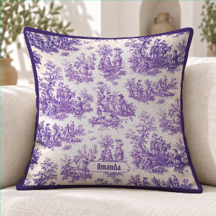 Vintage Purple French Toile Floral Monogram Cushion
