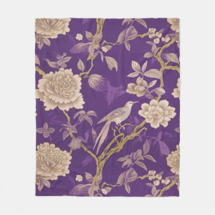 Vintage purple gold chinoiserie floral fleece blanket