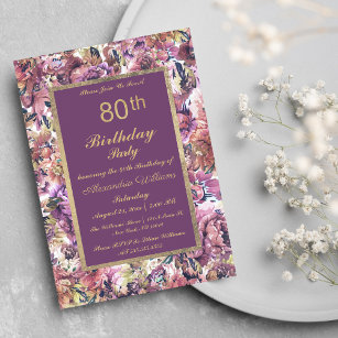 Vintage Purple Gold Coral Floral 80th Birthday Magnetic Invitation