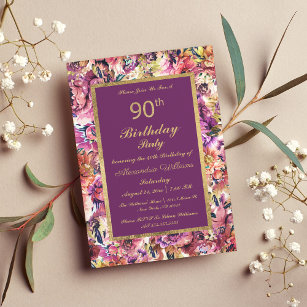 Vintage Purple Gold Coral Floral 90th Birthday Magnetic Invitation