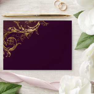 Vintage Purple Gold Floral Damask Wedding Envelope