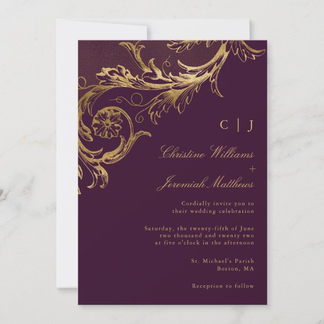 Vintage Purple Gold Floral Damask Wedding Invitation (Front)