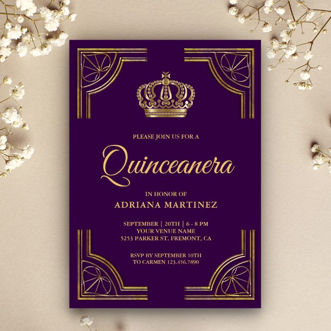 Vintage Purple Gold Ornate Crown Quinceanera Invitation (Creator Uploaded)