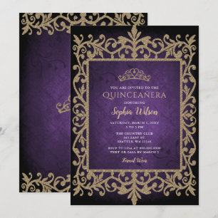 Vintage Purple Gold Princess Tiara Quinceañera   Invitation