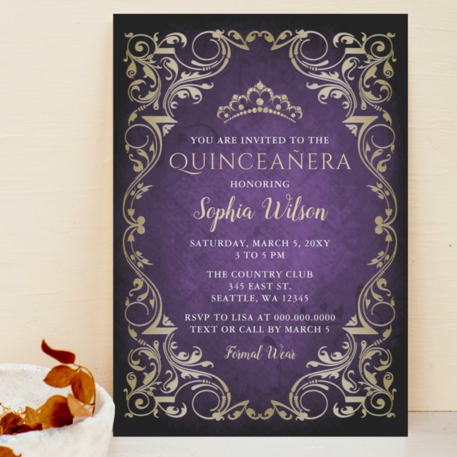 Vintage Purple Gold Princess Tiara Quinceañera Invitation (Creator Uploaded)
