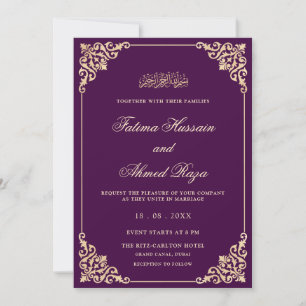 Vintage Purple Gold Romantic Script Muslim Wedding Invitation