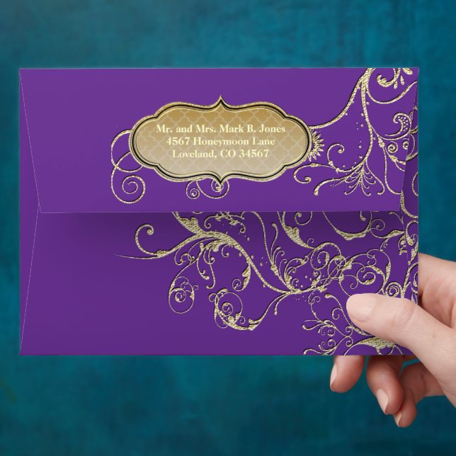 Vintage Purple Gold Swirl Wedding Envelope (Hand)