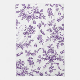 Vintage Purple Halloween Toile Pattern Cute Ghosts Tea Towel