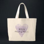 Vintage purple heart maid of honour large tote bag<br><div class="desc">Classy lavender purple watercolor heart maid of honour large oversized tote bags. Personalised lilac water colour painting love symbol brides maid tote bags for team bride. Pretty vintage look design with elegant script typography text and custom name. Make one for bridesmaids, flower girl, maidofhonor, matron of honour, mother of the...</div>