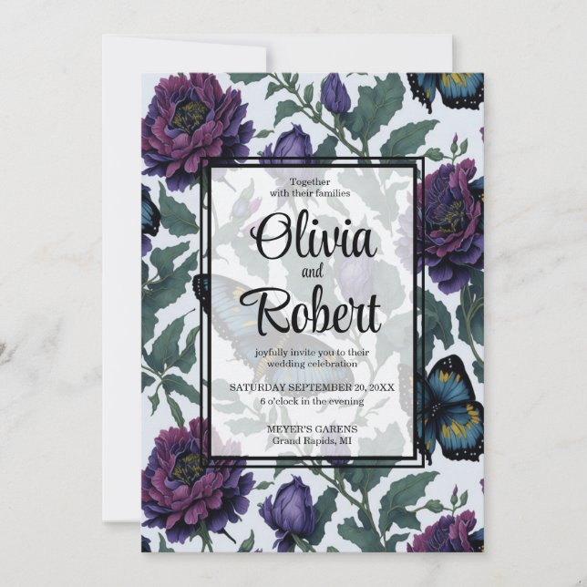 Vintage purple magenta floral butterflies wedding invitation (Front)