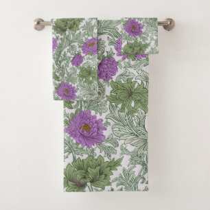 Vintage Purple Moss Green William Morris Floral Bath Towel Set