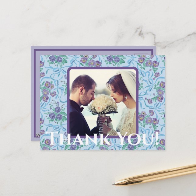 Vintage Purple Pansies Ribbons Light Blue Postcard (Front/Back In Situ)