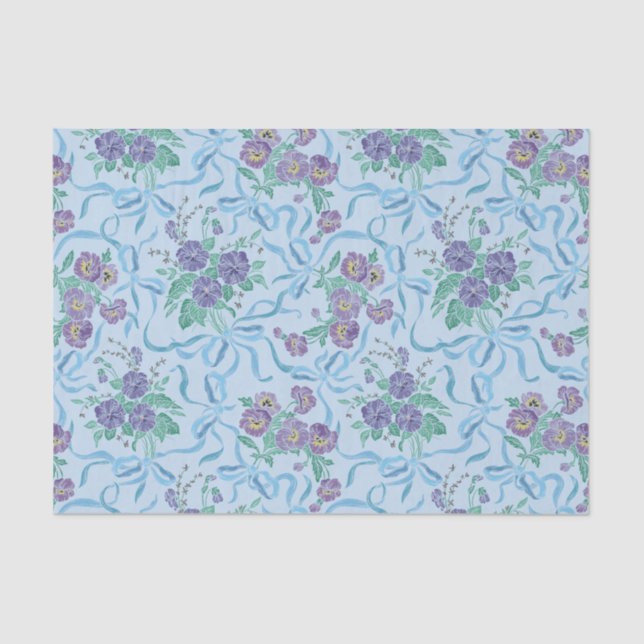 Vintage Purple Pansies Ribbons Light Blue Tissue Paper (Front)