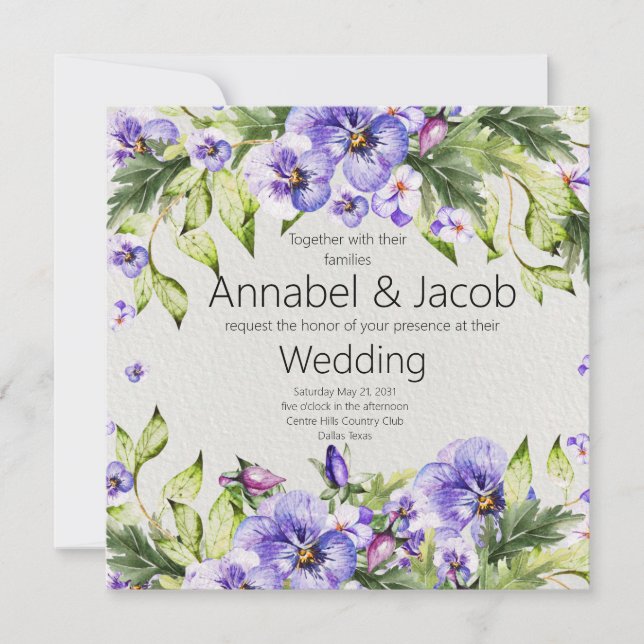 Vintage Purple Pansy Square Wedding Invitation (Front)