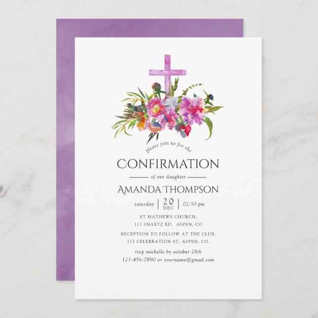 Vintage Purple Peonies Confirmation Invitation (Front/Back)
