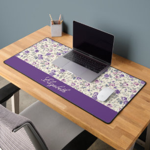 Vintage Purple Pink Floral Script Name Desk Mat