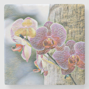 Vintage Purple Pink Orchid Flowers on log Stone Coaster
