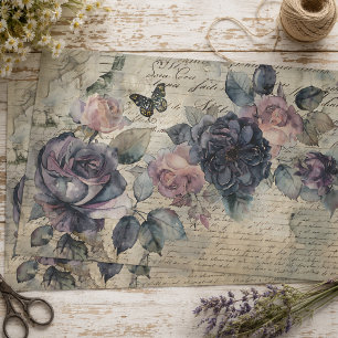 Vintage Purple& Pink Roses on Old Script Decoupage Tissue Paper