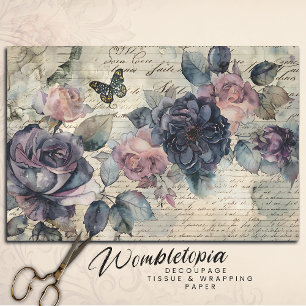 Vintage Purple& Pink Roses on Old Script Decoupage Tissue Paper
