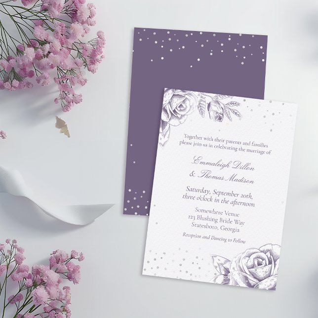 Vintage Purple Rose Confetti Glitter Wedding Invitation (Creator Uploaded)